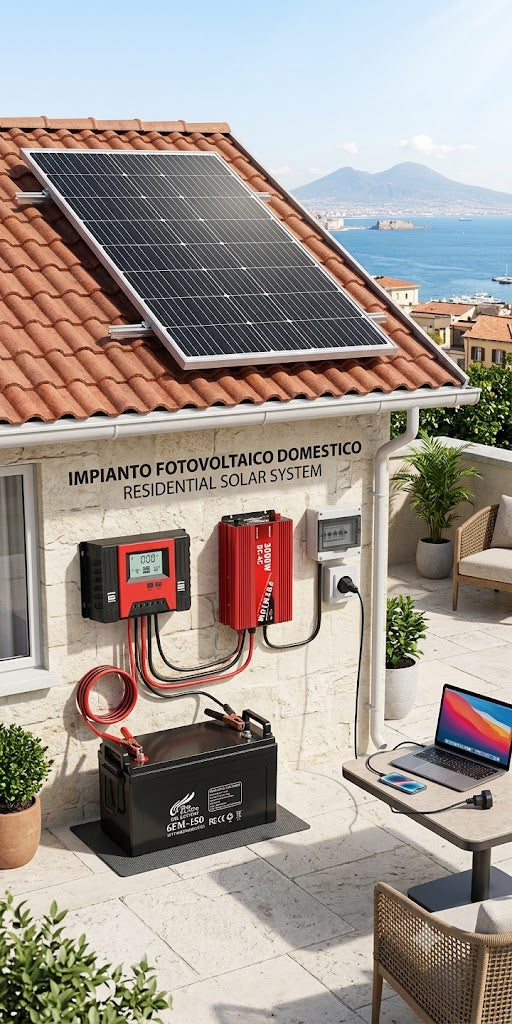 Kit Fotovoltaico Autonomo 2kw: Pannello 250W, Batteria Gel 150Ah, Inverter 3000W e Regolatore MPPT 30A.