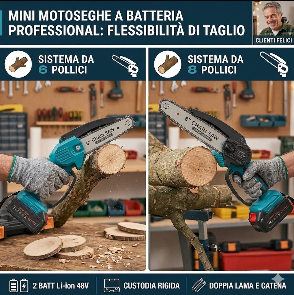 Mini Motosega a Batteria 48VF con Doppia Lama 6" e 8", Motosega Elettrica Portatile per Potatura con 2 Batterie, Kit Professionale per Taglio Legno e Giardinaggio, Valigetta e Accessori Inclusi