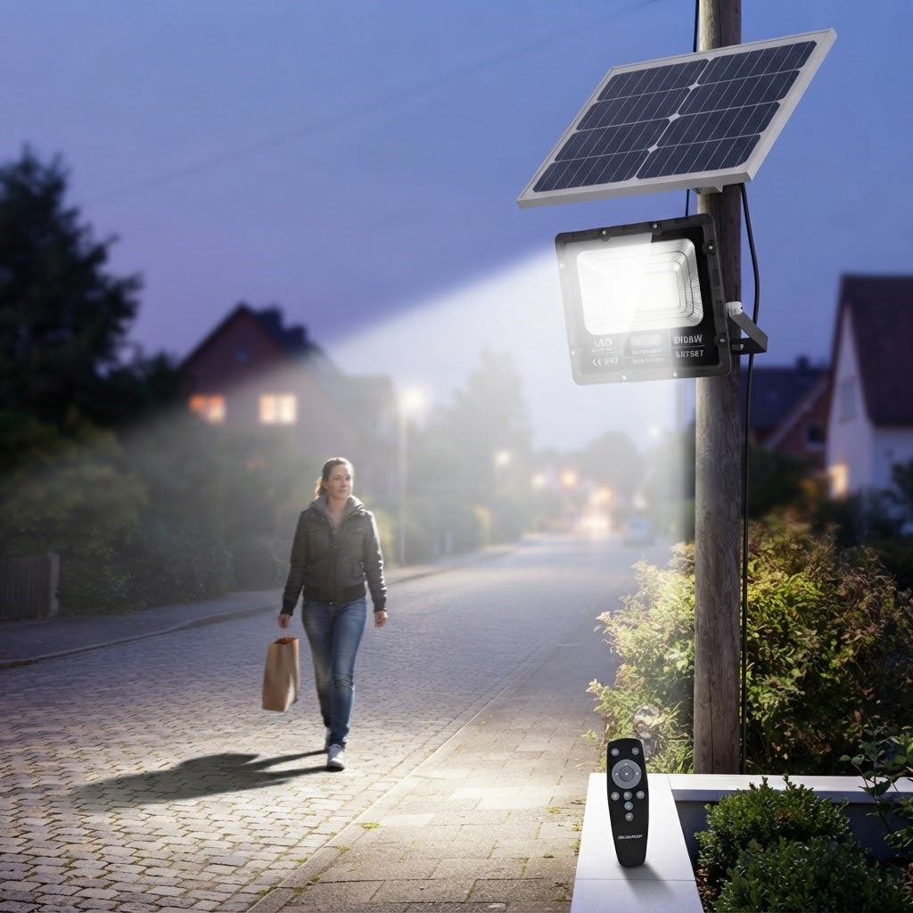 Faro LED Solare 8000W Pannello Solare, Sensore di Movimento 700LED 6500K IP67 Telecomando Esterno Giardino