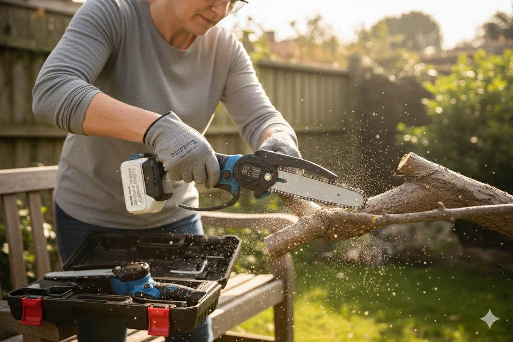 Motosega Elettrica a Batteria 48V 8 Pollici, Mini Motosega Portatile con 2 Batterie Ricaricabili, Sega a Catena per Potatura e Taglio Legna