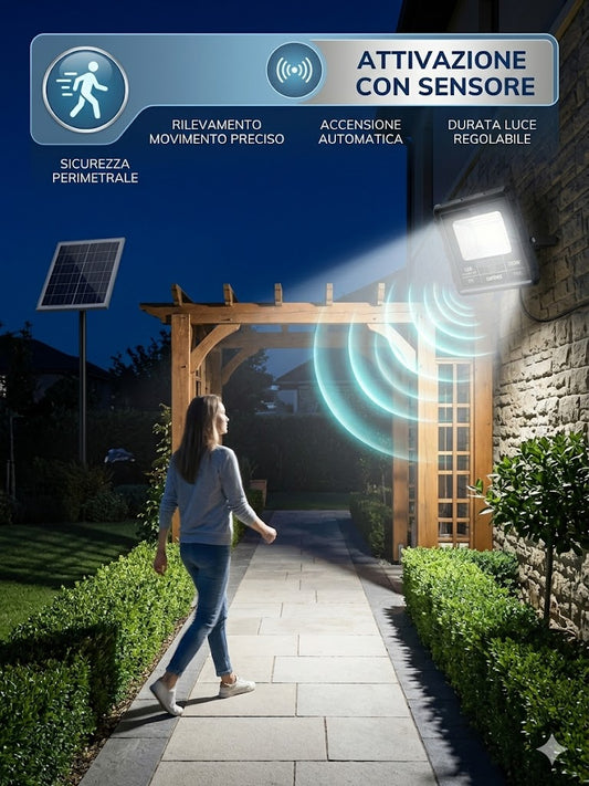 Faretto LED 100W Solare, Lampada LED Esterno Energia Solare 7500K, Proiettore Solare Professionale con Telecomando e Timer, Luce di Sicurezza Impermeabile per Parete e Esterni