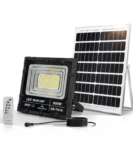 Faro LED Solare 800W da Esterno Alta Potenza - Sistema Luce Solare LED 6500K con Pannello Solare Indipendente, Cavo e Telecomando, Impermeabile IP67