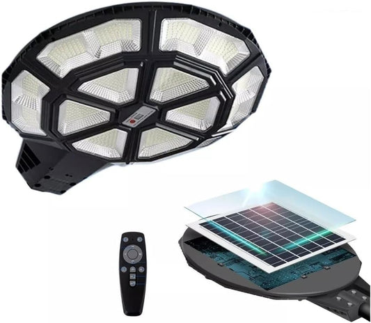 Generico Lampione Solare Led Esterno crepuscolare, lampada Giardino 1500 Watt forma Ufo con Telecomando ed asta, Sensore di Movimento e Crepuscolare, Luce Bianco Fredda, Impermeabile IP 67 [Classe di efficienza energetica A+++]