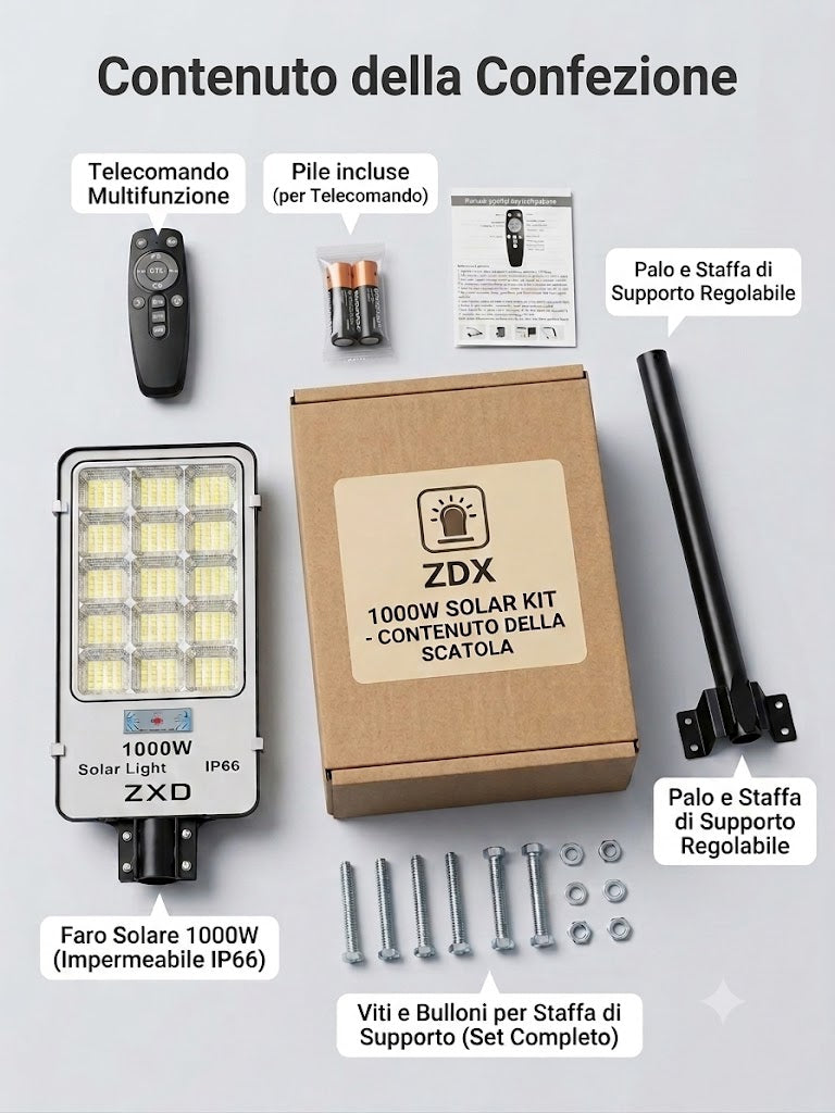 Faro Solare LED Esterno 1000W Potente, Luce Solare Led Esterno con Sensore di Movimento, 6500K, Autonomia 14 Ore, Lampada Solare Crepuscolare con Telecomando e Staffa di Ancoraggio