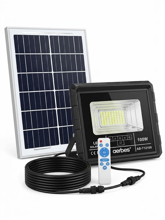 Faretto LED 100W Solare, Lampada LED Esterno Energia Solare 7500K, Proiettore Solare Professionale con Telecomando e Timer, Luce di Sicurezza Impermeabile per Parete e Esterni