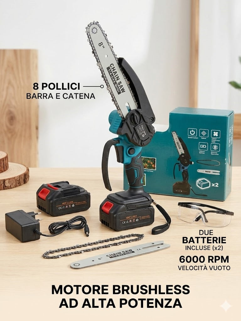 Mini Motosega a Batteria 48VF con Doppia Lama 6" e 8", Motosega Elettrica Portatile per Potatura con 2 Batterie, Kit Professionale per Taglio Legno e Giardinaggio, Valigetta e Accessori Inclusi