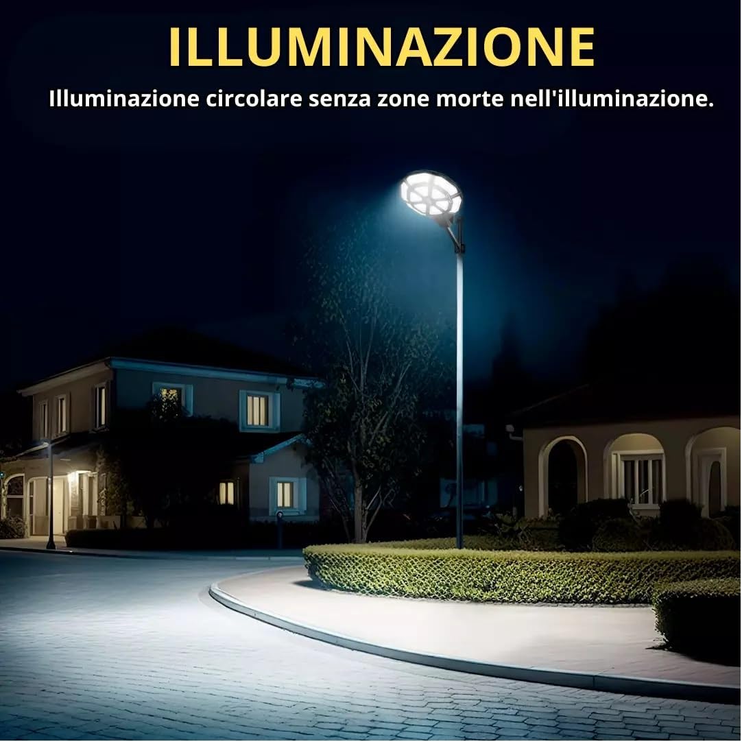 Generico Lampione Solare Led Esterno crepuscolare, lampada Giardino 1500 Watt forma Ufo con Telecomando ed asta, Sensore di Movimento e Crepuscolare, Luce Bianco Fredda, Impermeabile IP 67 [Classe di efficienza energetica A+++]