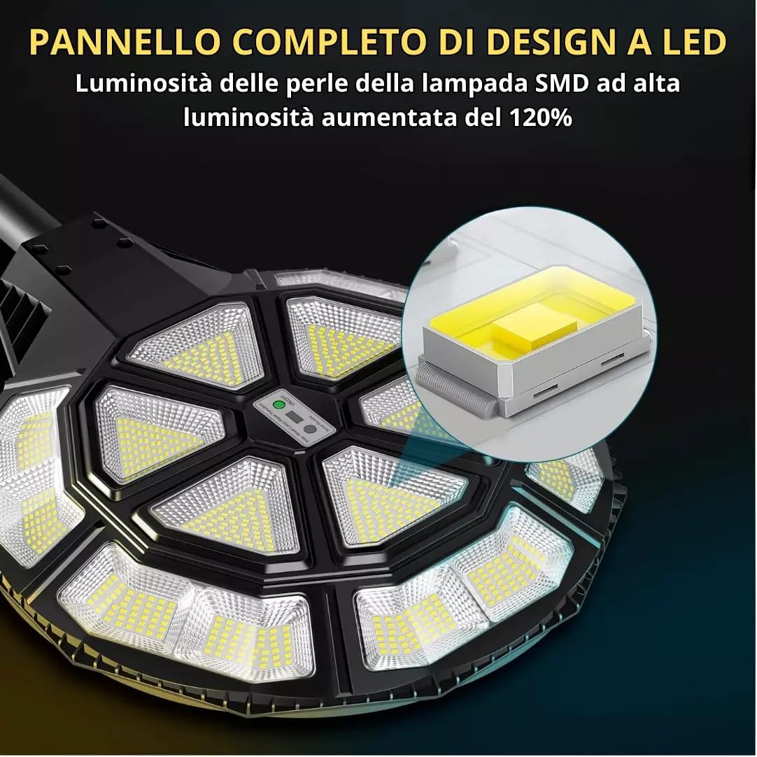 Generico Lampione Solare Led Esterno crepuscolare, lampada Giardino 1500 Watt forma Ufo con Telecomando ed asta, Sensore di Movimento e Crepuscolare, Luce Bianco Fredda, Impermeabile IP 67 [Classe di efficienza energetica A+++]
