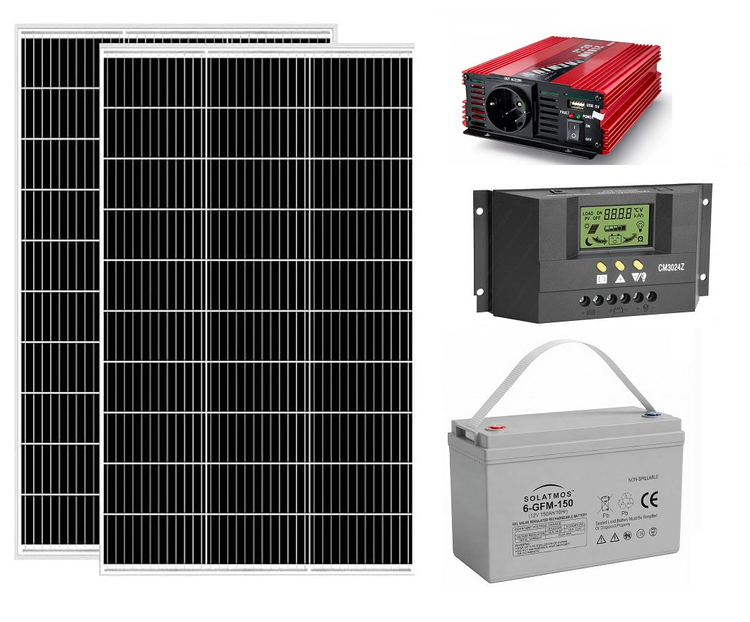 Kit Fotovoltaico a Isola 2kw  2x pannelli da 100W, Inverter 2000W 12V, Batteria 150Ah (Accumulo 2kWh) e Regolatore di Carica 30A LCD