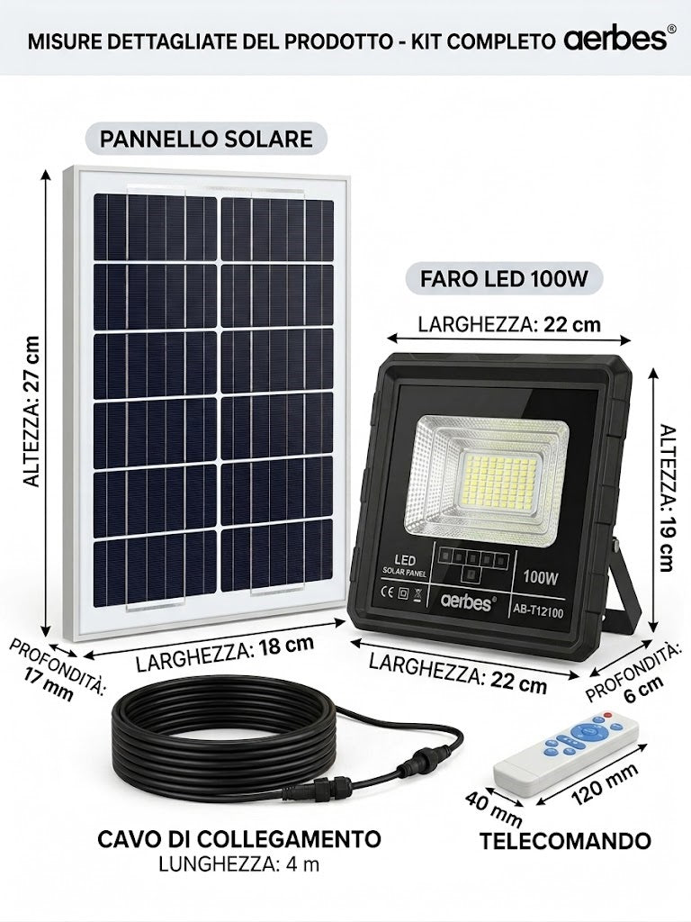 Faretto LED 100W Solare, Lampada LED Esterno Energia Solare 7500K, Proiettore Solare Professionale con Telecomando e Timer, Luce di Sicurezza Impermeabile per Parete e Esterni