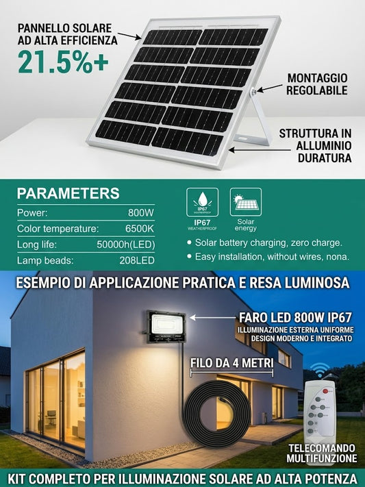 Faro LED Solare 800W da Esterno Alta Potenza - Sistema Luce Solare LED 6500K con Pannello Solare Indipendente, Cavo e Telecomando, Impermeabile IP67