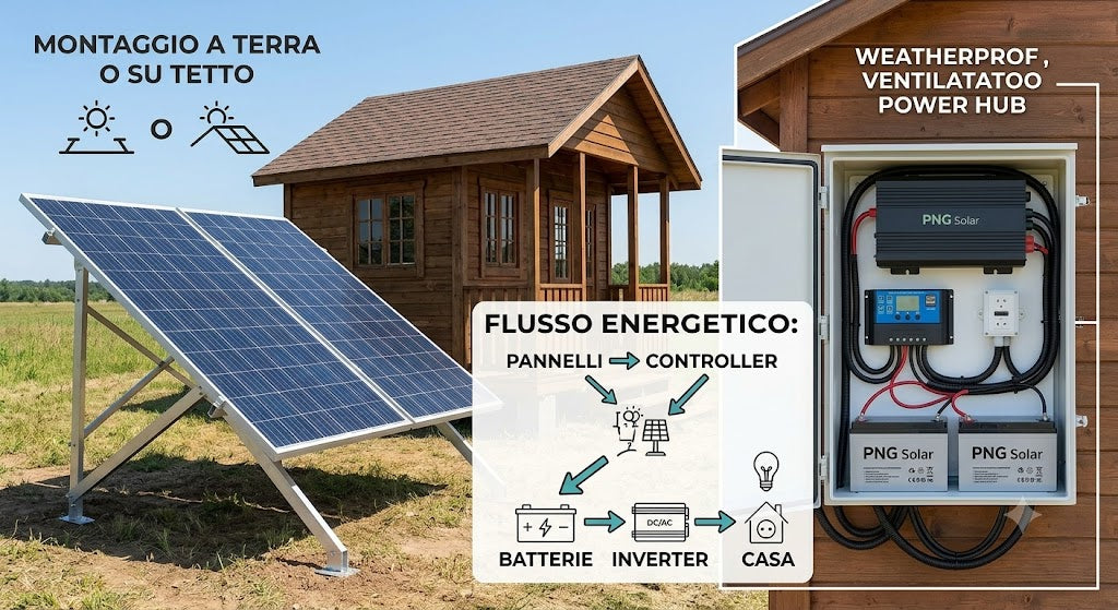 Kit Fotovoltaico 3kw 12/ 24V Completo con accumulo , per abitazione,baita, barca