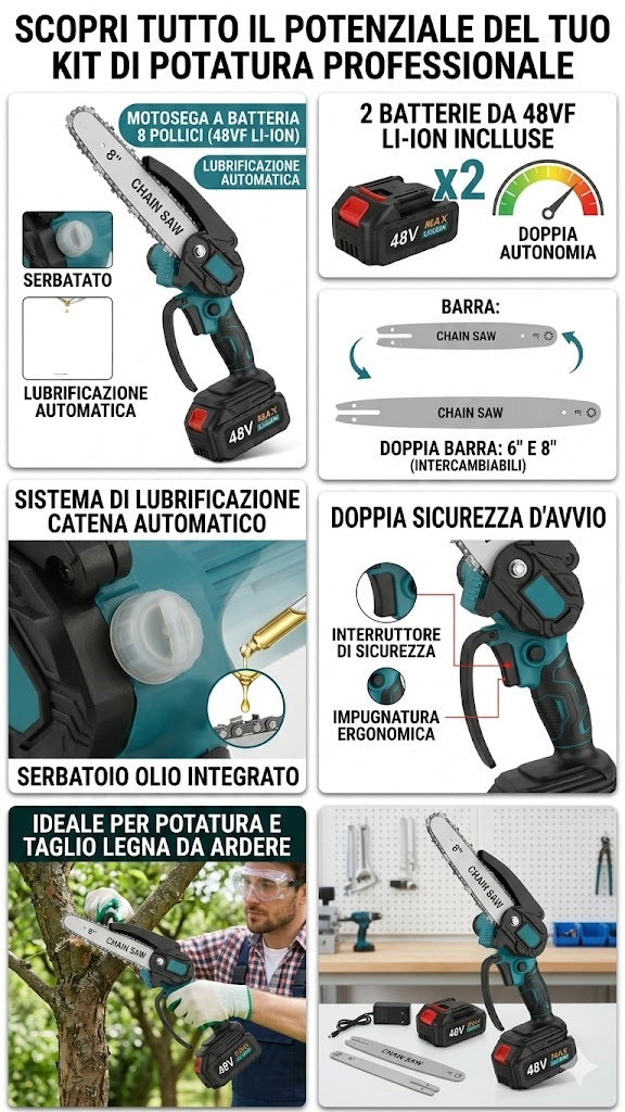 Mini Motosega a Batteria 48VF con Doppia Lama 6" e 8", Motosega Elettrica Portatile per Potatura con 2 Batterie, Kit Professionale per Taglio Legno e Giardinaggio, Valigetta e Accessori Inclusi