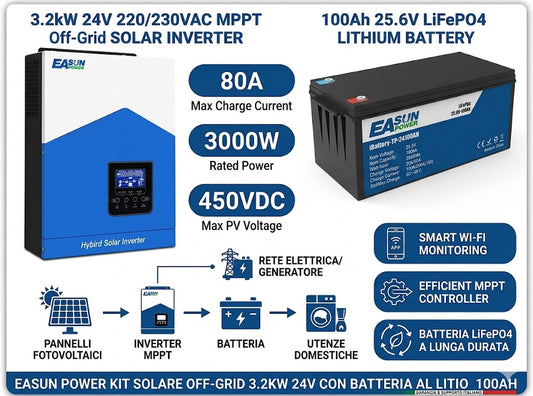 Kit Solare Off-Grid 3.2kW 24V – Inverter Ibrido EASUN SMH II 3200W con Batteria Litio LiFePO4 25.6V 100Ah – Sistema Fotovoltaico Completo per Casa, Camper, Baita e Backup Energetico