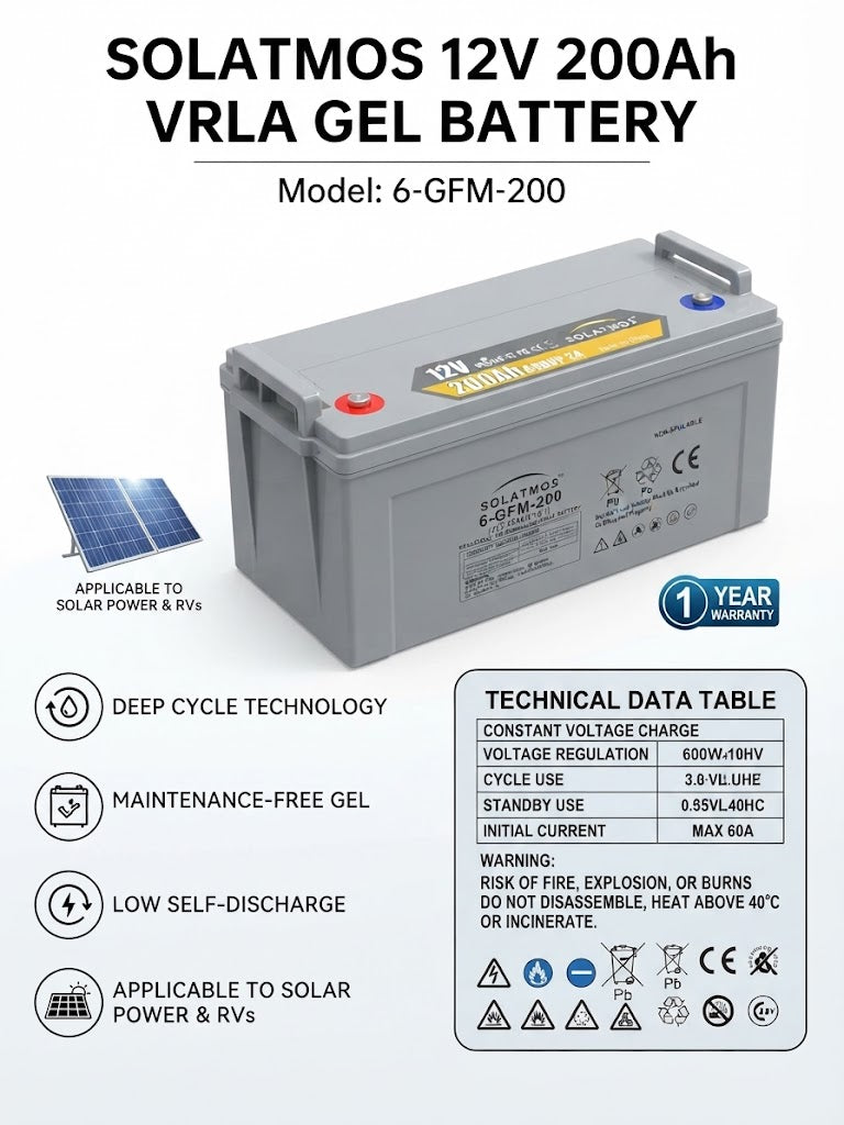 Batteria Gel 12V 200Ah VRLA Solatmos 6-GFM-200 Accumulo Solare Camper Nautica