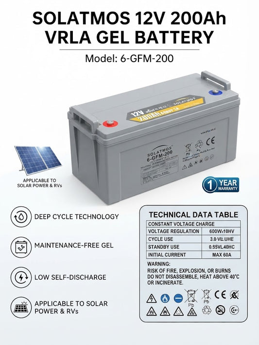 Batteria Gel 12V 200Ah VRLA Solatmos 6-GFM-200 Accumulo Solare Camper Nautica