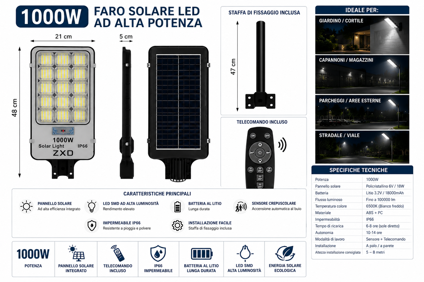 Faro Solare LED Esterno 1000W Potente, Luce Solare Led Esterno con Sensore di Movimento, 6500K, Autonomia 14 Ore, Lampada Solare Crepuscolare con Telecomando e Staffa di Ancoraggio