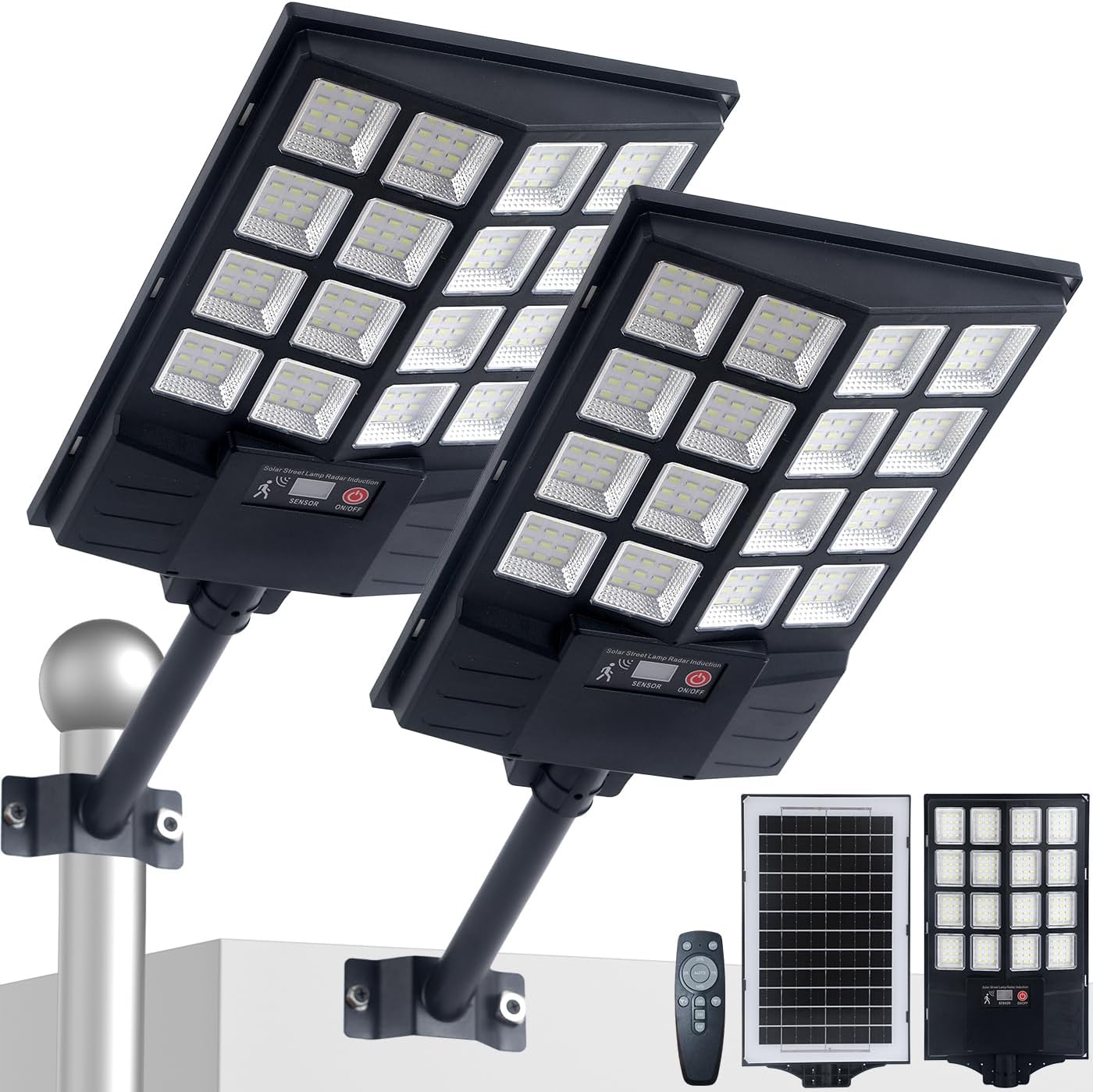 LED da Esterno 800W con Asta 49cm - Lampione Stradale Solare con Sensore di Movimento Radar, Telecomando, Impermeabile IP65 - Luce Fredda per Giardino, Cortile, Strada