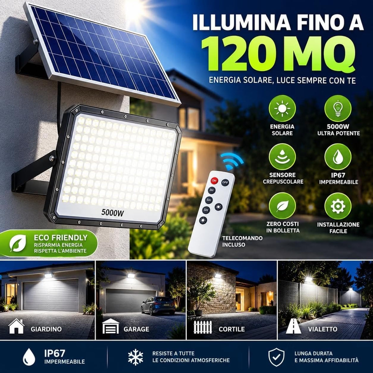 Faro LED Solare 5000W 320 LED IP66 Telecomando Luce 6500K 12h Luce Bianca