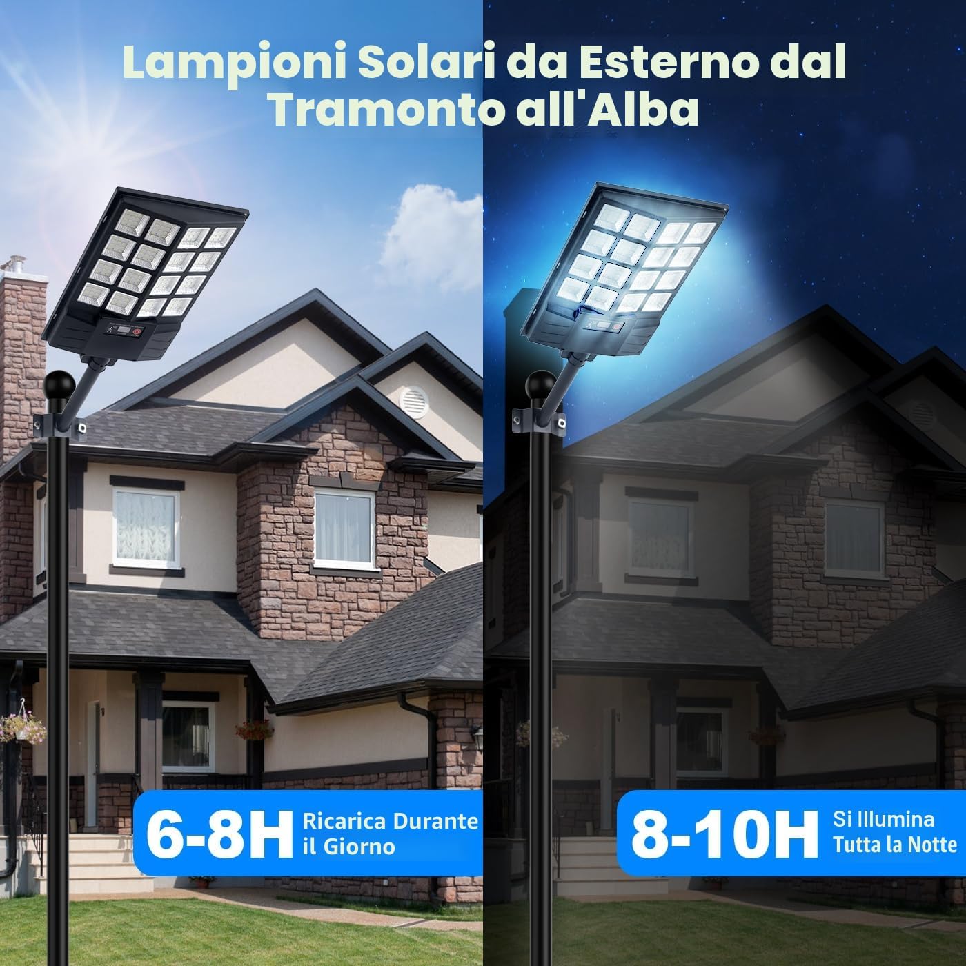 LED da Esterno 800W con Asta 49cm - Lampione Stradale Solare con Sensore di Movimento Radar, Telecomando, Impermeabile IP65 - Luce Fredda per Giardino, Cortile, Strada