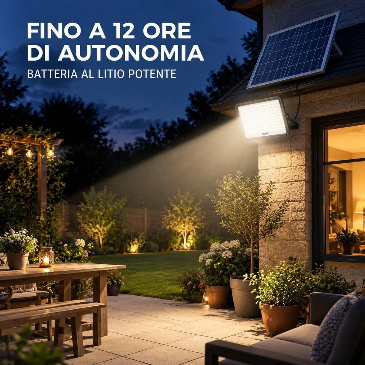 Faro LED Solare 5000W 320 LED IP66 Telecomando Luce 6500K 12h Luce Bianca