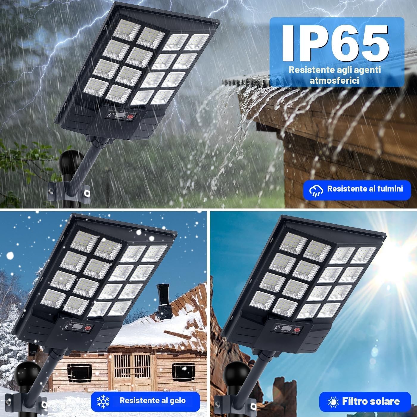 LED da Esterno 800W con Asta 49cm - Lampione Stradale Solare con Sensore di Movimento Radar, Telecomando, Impermeabile IP65 - Luce Fredda per Giardino, Cortile, Strada