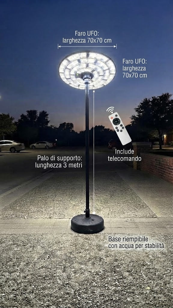 Faro LED 5000W Solare Esterno Sensore Movimento Crepuscolare Telecomando Palo 3m