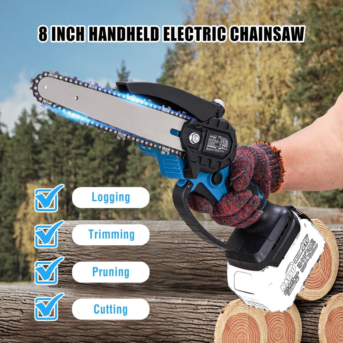 Motosega Elettrica a Batteria 48V 8 Pollici, Mini Motosega Portatile con 2 Batterie Ricaricabili, Sega a Catena per Potatura e Taglio Legna