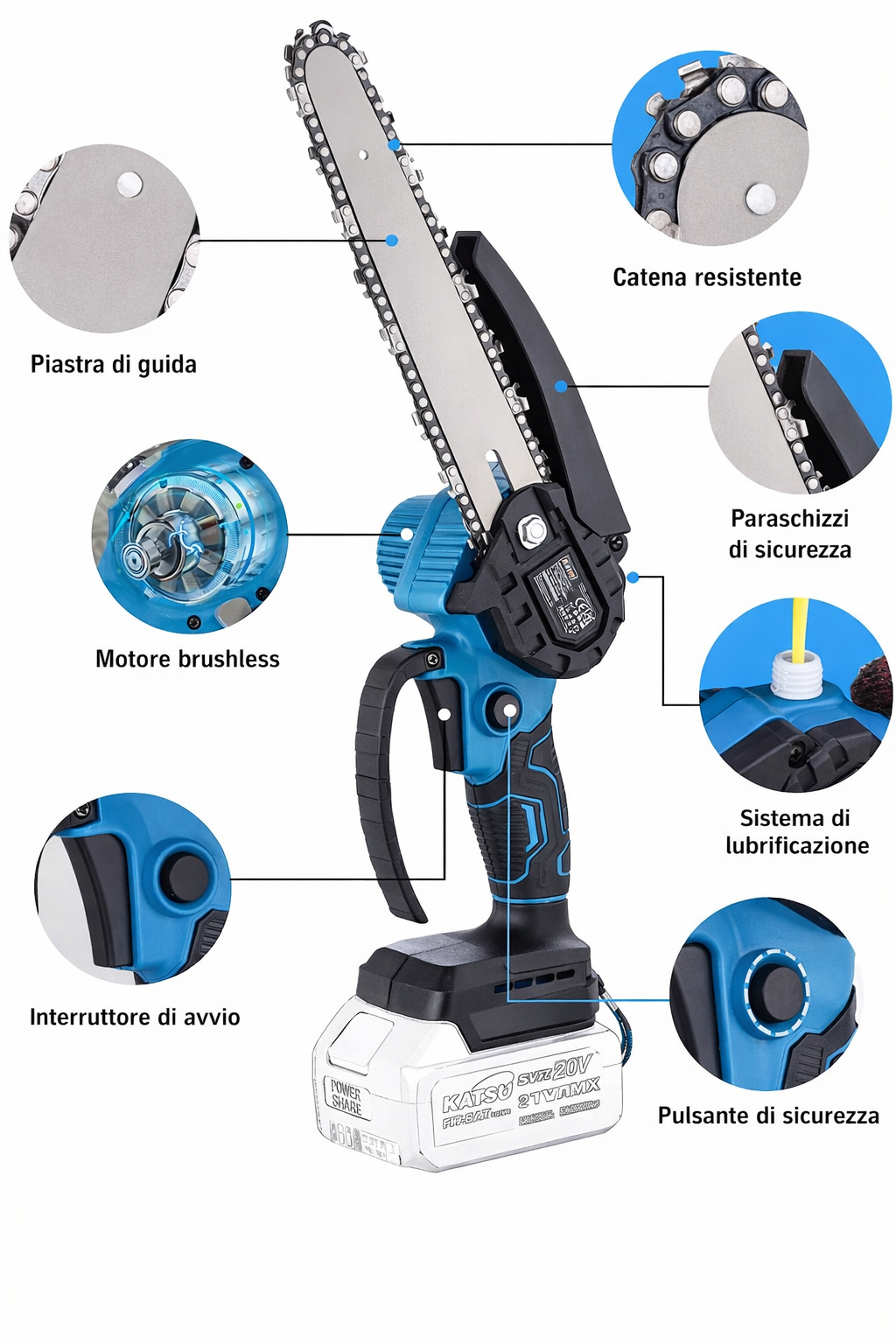 Motosega Elettrica a Batteria 48V 8 Pollici, Mini Motosega Portatile con 2 Batterie Ricaricabili, Sega a Catena per Potatura e Taglio Legna