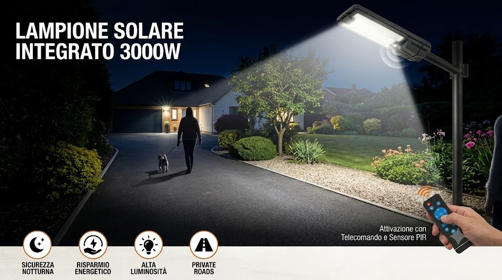 Faro Led  Solare 3000W ad Alta Luminosità - Lampione Stradale con Pannello Solare Integrato, Telecomando e Staffa di Fissaggio - Luce Notturna per Giardino e Viale