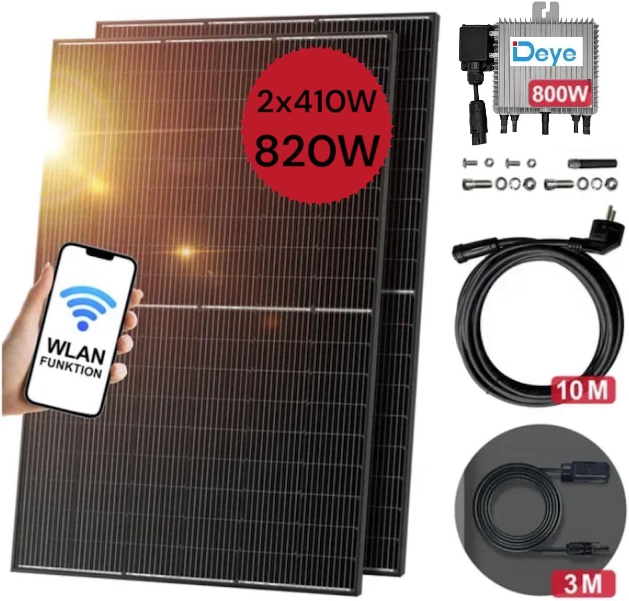 Generico Kit Fotovoltaico per Balcone da 820W, 4.19% di Efficienza, Grigio Argento, con Funzione WLAN e Inverter Micro da 800W, Include Staffa e Cavi da 10m e 3m, Facile Installazione