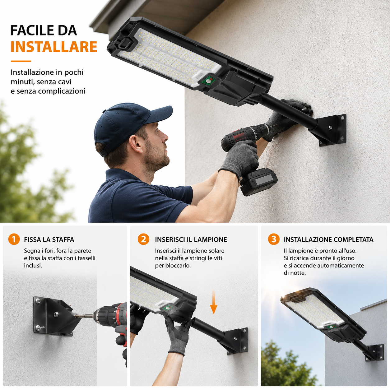 Faro Led  Solare 3000W ad Alta Luminosità - Lampione Stradale con Pannello Solare Integrato, Telecomando e Staffa di Fissaggio - Luce Notturna per Giardino e Viale