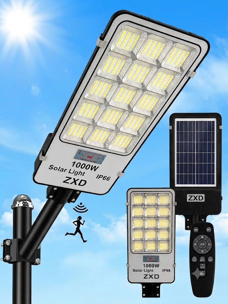 Faro Solare LED Esterno 1000W Potente, Luce Solare Led Esterno con Sensore di Movimento, 6500K, Autonomia 14 Ore, Lampada Solare Crepuscolare con Telecomando e Staffa di Ancoraggio