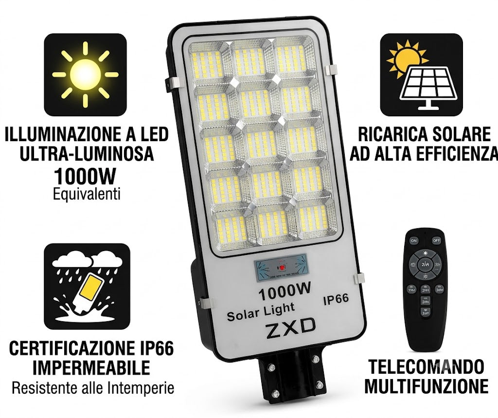 Faro Solare LED Esterno 1000W Potente, Luce Solare Led Esterno con Sensore di Movimento, 6500K, Autonomia 14 Ore, Lampada Solare Crepuscolare con Telecomando e Staffa di Ancoraggio