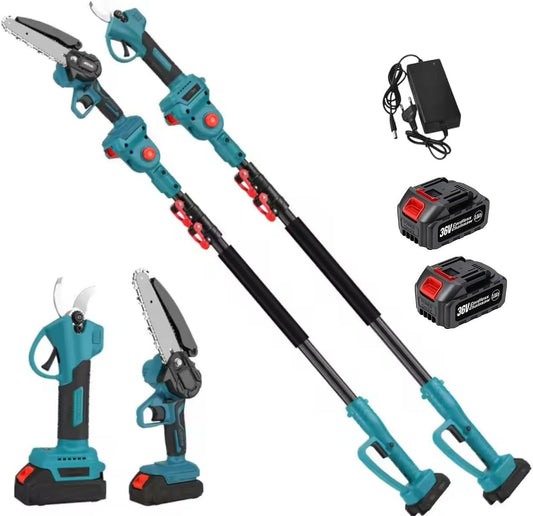 Forbice da Potatura a Batteria, Motosega a Batteria 6 Pollici incluso, + Asta Telescopica 128-248cm, Kit 3 in 1, Cesoie Elettriche per Potatura Giardino Rami Arbusti Vigneto