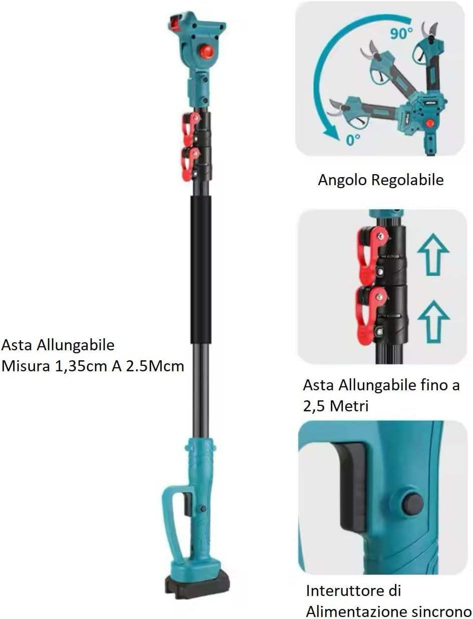 Forbice da Potatura a Batteria, Motosega a Batteria 6 Pollici incluso, + Asta Telescopica 128-248cm, Kit 3 in 1, Cesoie Elettriche per Potatura Giardino Rami Arbusti Vigneto