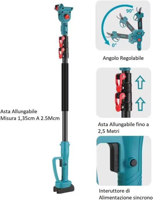 Forbice da Potatura a Batteria, Motosega a Batteria 6 Pollici incluso, + Asta Telescopica 128-248cm, Kit 3 in 1, Cesoie Elettriche per Potatura Giardino Rami Arbusti Vigneto