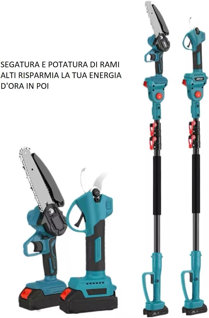 Forbice da Potatura a Batteria, Motosega a Batteria 6 Pollici incluso, + Asta Telescopica 128-248cm, Kit 3 in 1, Cesoie Elettriche per Potatura Giardino Rami Arbusti Vigneto