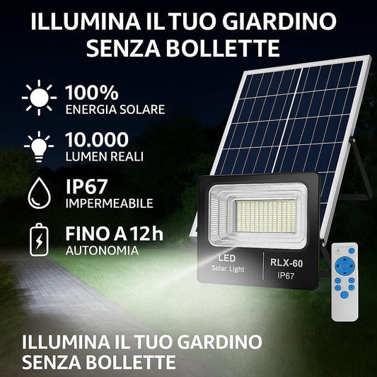 Faro LED Solare 600W IP67 con Pannello, 10.000 lm, 6500K Bianco Freddo, Sensore Crepuscolare, Autonomia fino a 12h, Staffa di Montaggio – Per Giardino, Viale, Cortile, Parcheggio