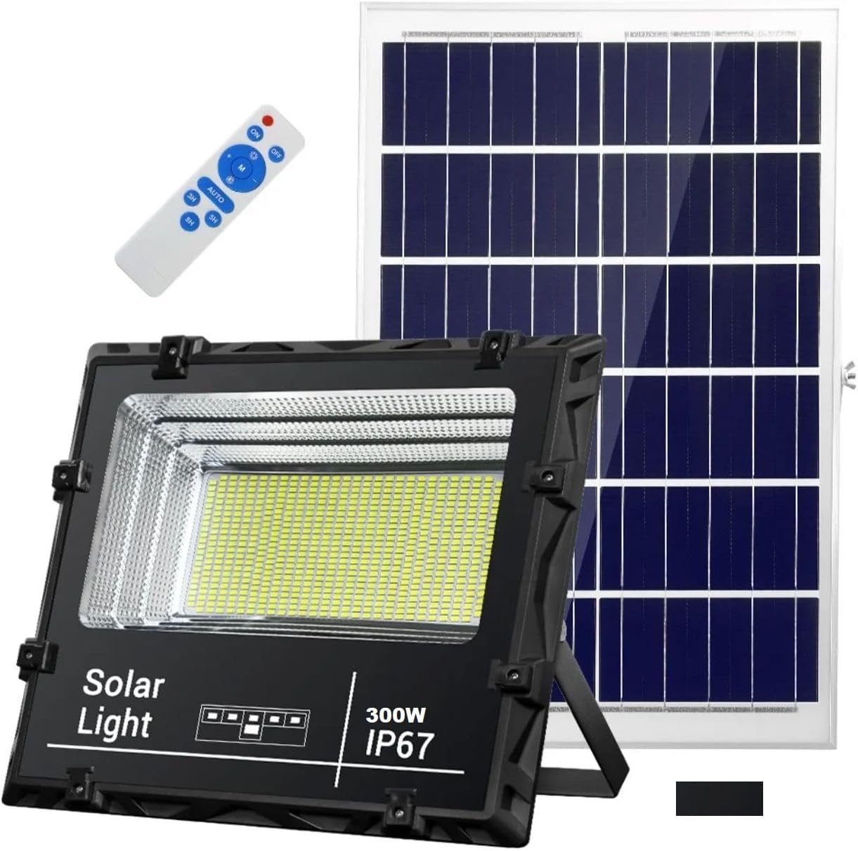 Generico Faro Solare a Led 300W con Pannello Solare Telecomando Impermeabile da Esterno IP66 Bianco freddo 6500K Dimmerabile e crepuscolare Sesnsore di Movimento Casa,Giardino,Parcheggio,Strada