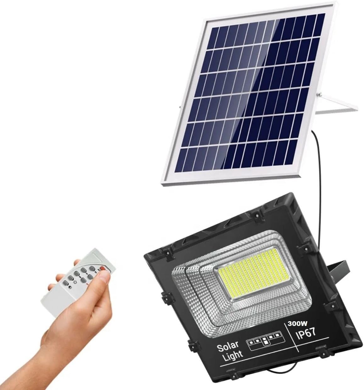 Generico Faro Solare a Led 300W con Pannello Solare Telecomando Impermeabile da Esterno IP66 Bianco freddo 6500K Dimmerabile e crepuscolare Sesnsore di Movimento Casa,Giardino,Parcheggio,Strada