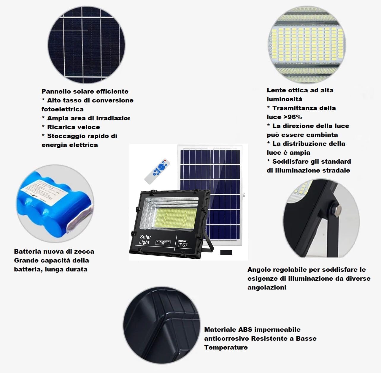 Generico Faro Solare a Led 300W con Pannello Solare Telecomando Impermeabile da Esterno IP66 Bianco freddo 6500K Dimmerabile e crepuscolare Sesnsore di Movimento Casa,Giardino,Parcheggio,Strada