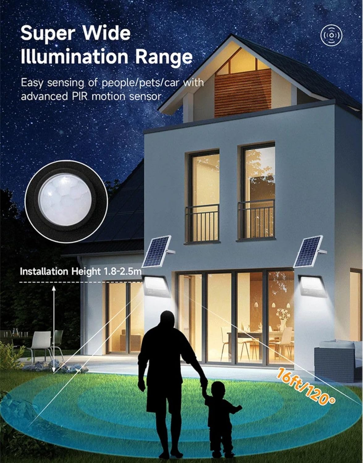 Generico Faro Solare a Led 300W con Pannello Solare Telecomando Impermeabile da Esterno IP66 Bianco freddo 6500K Dimmerabile e crepuscolare Sesnsore di Movimento Casa,Giardino,Parcheggio,Strada
