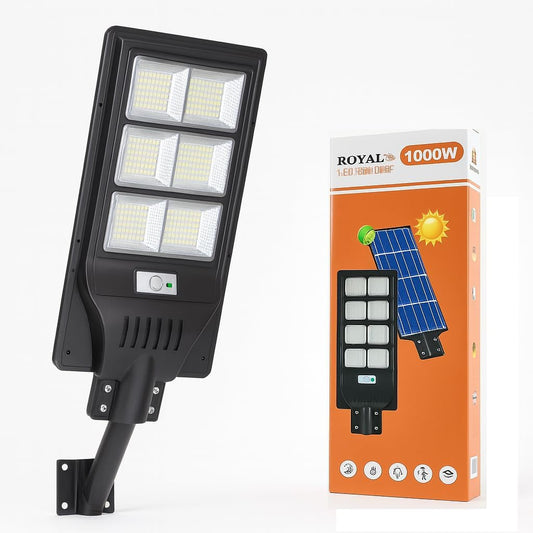 Lampione Solare LED 1000W con Sensore di Movimento, 6 Moduli, 6500K, IP66, Telecomando, Pannello Solare Integrato & Batteria 12.000 mAh – Montaggio su Palo o Parete per Giardino/Cortile/Parcheggio