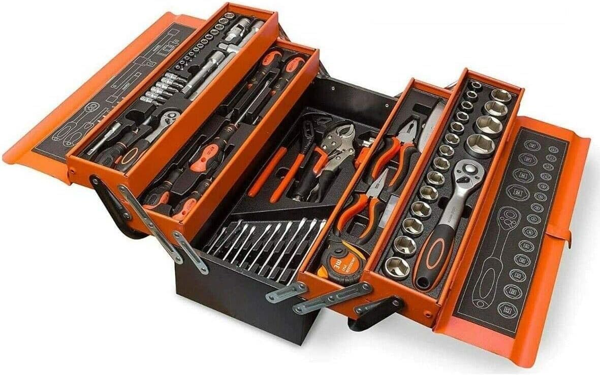Set Utensili da Lavoro, Casetta per Attrezzi da Trasporto Arancione, Chiavi a Cricchetto, Bussole Cacciavite, Porta Chiavi Inglese, Set Fai Da Te 85 Pezzi toolbox for DIY