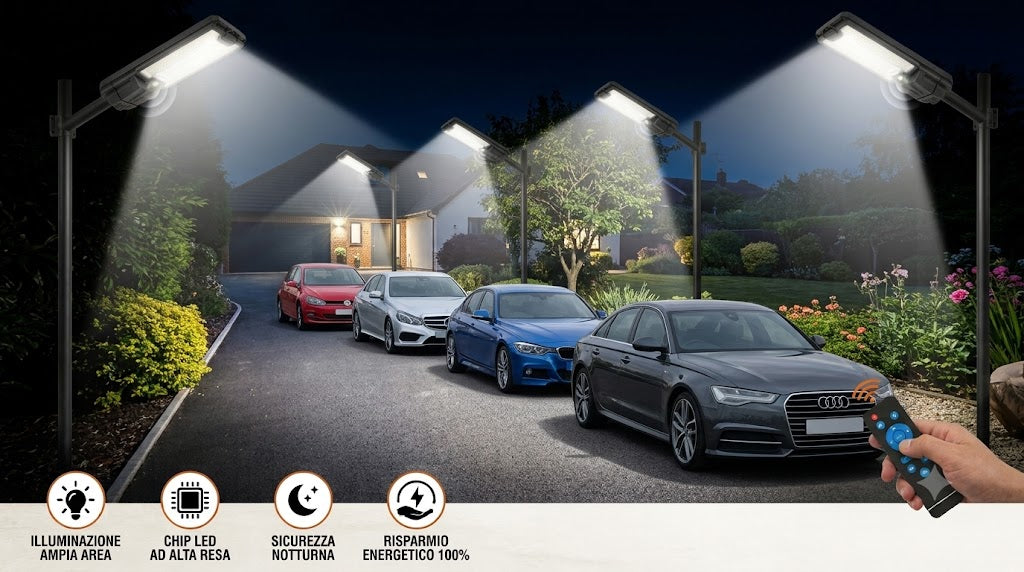 Faro Led  Solare 3000W ad Alta Luminosità - Lampione Stradale con Pannello Solare Integrato, Telecomando e Staffa di Fissaggio - Luce Notturna per Giardino e Viale