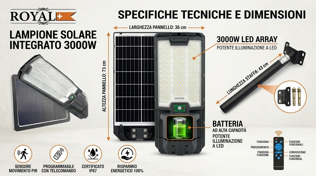Faro Led  Solare 3000W ad Alta Luminosità - Lampione Stradale con Pannello Solare Integrato, Telecomando e Staffa di Fissaggio - Luce Notturna per Giardino e Viale