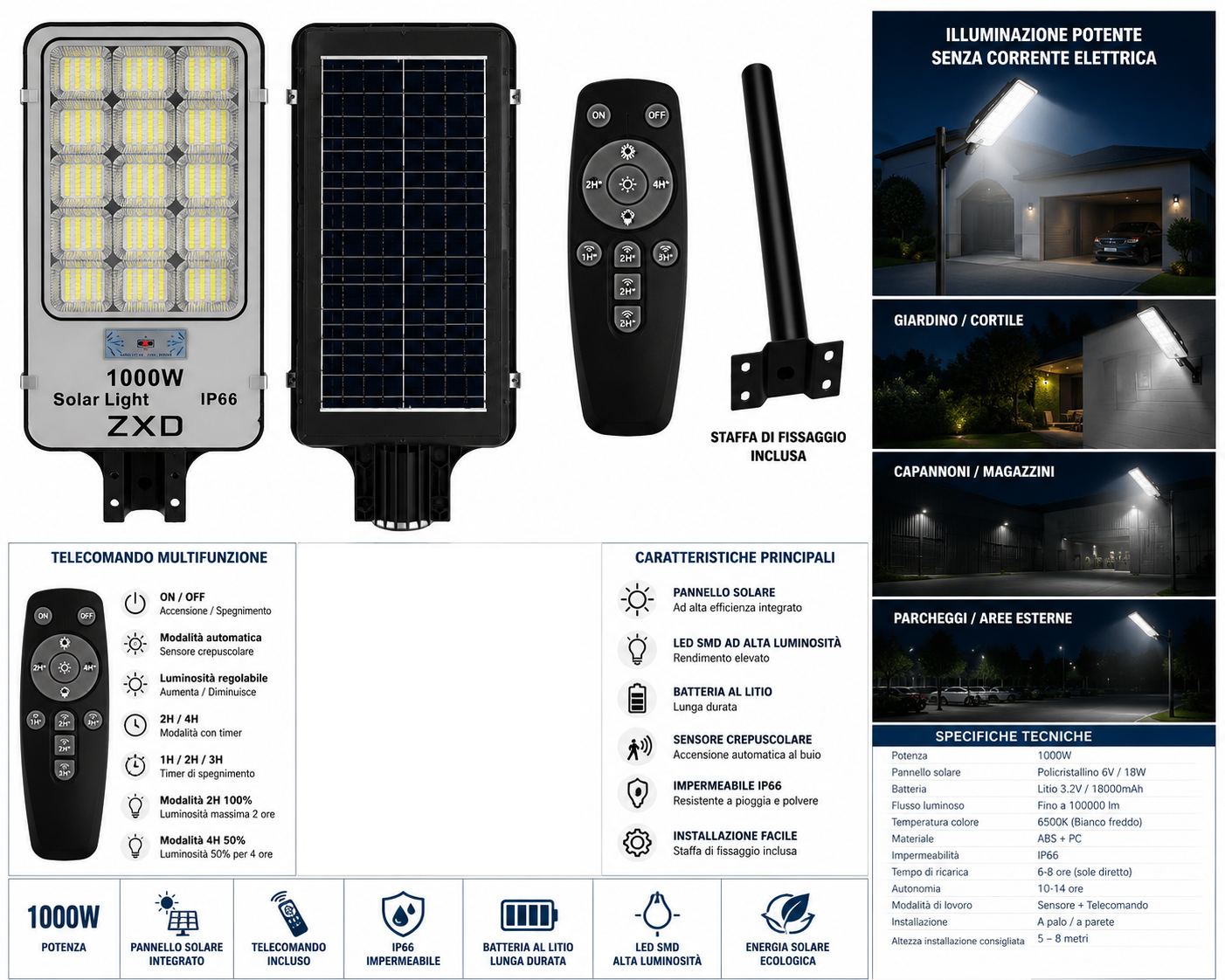Faro Solare LED Esterno 1000W Potente, Luce Solare Led Esterno con Sensore di Movimento, 6500K, Autonomia 14 Ore, Lampada Solare Crepuscolare con Telecomando e Staffa di Ancoraggio