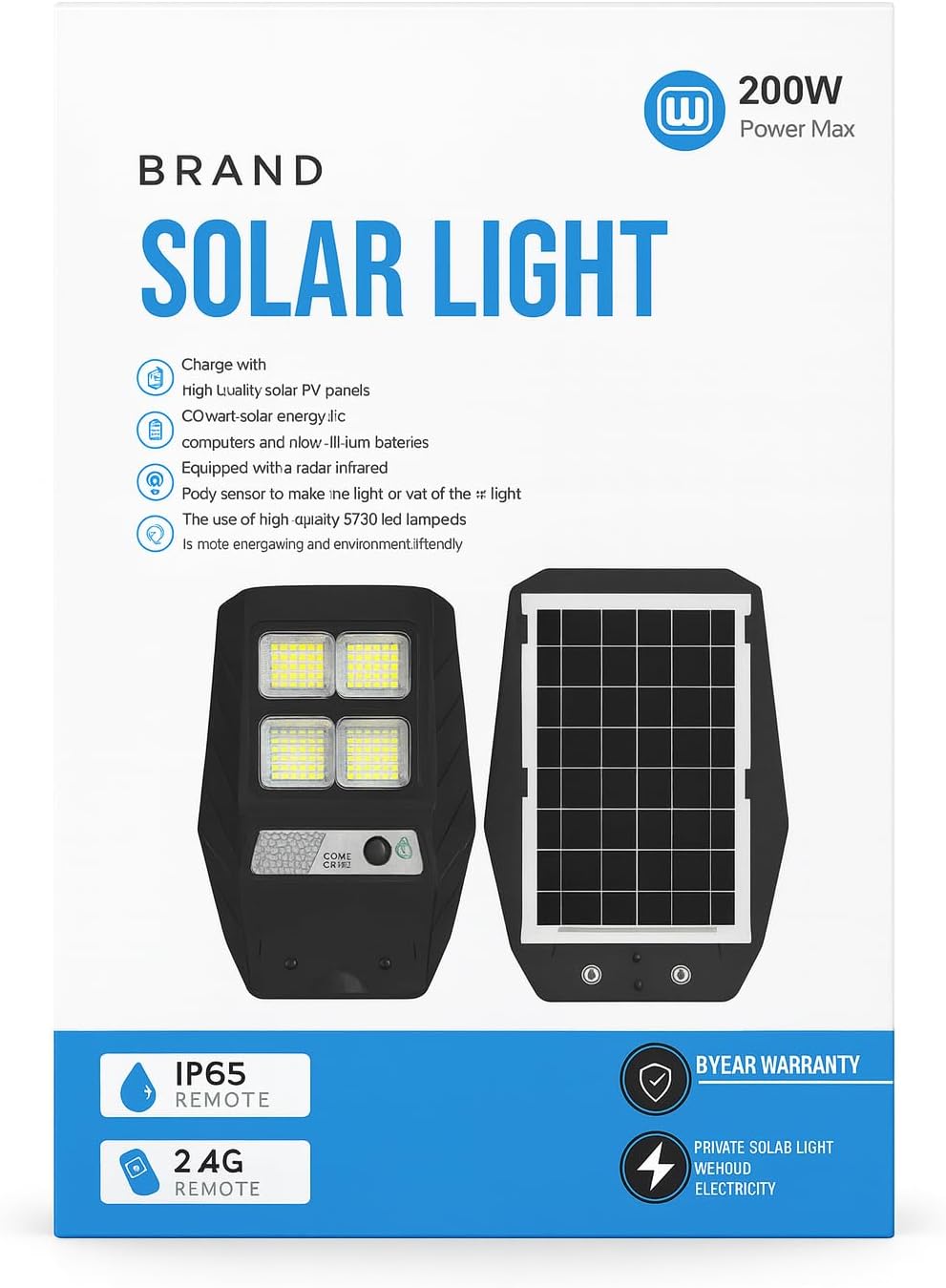 Generico Lampione Solare da Esterno 200W con Pannello Fotovoltaico, Faro LED 6500K con Sensore di Movimento, IP65 Impermeabile, Luce Stradale per Giardino, Cortile, Parcheggio e Vialetti [Classe di efficienza energetica A]