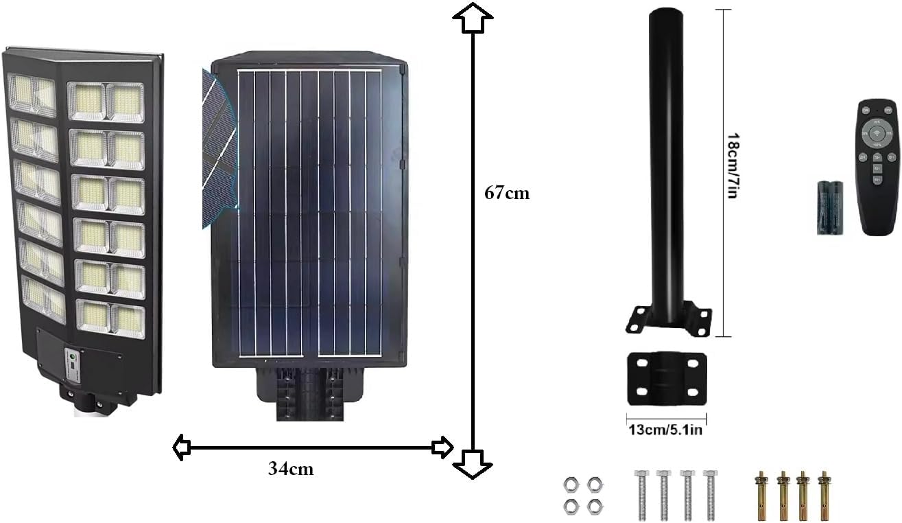 Lampione Stradale LED 1600W, Illuminazione Esterna con Pannello Solare, Telecomando e Staffa di Montaggio, Impermeabile con Sensore di Movimento